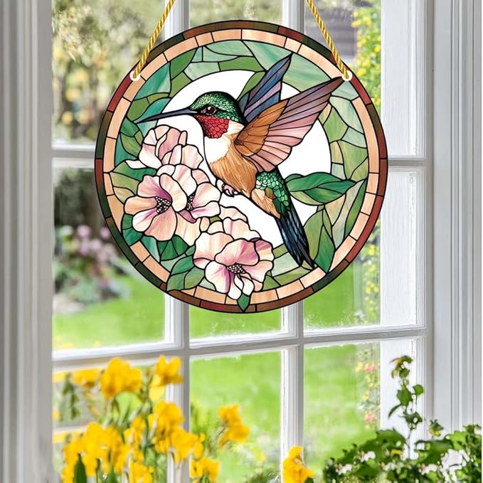 Acrylic Stained Window Hanging Hummingbird Art Acrylic Decoration for Indoor Outdoor Home Bar Office Garden Plastic Ornament Decor 12x12 Inch