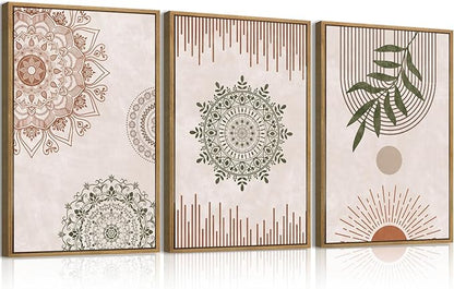Anyzal Boho Wall Art Framed Large Abstract Geometric Line Paintings Mid-century Modern Plant Wall Decor for Bedroom Living Room Office 16x24 Inches 3 Piece
