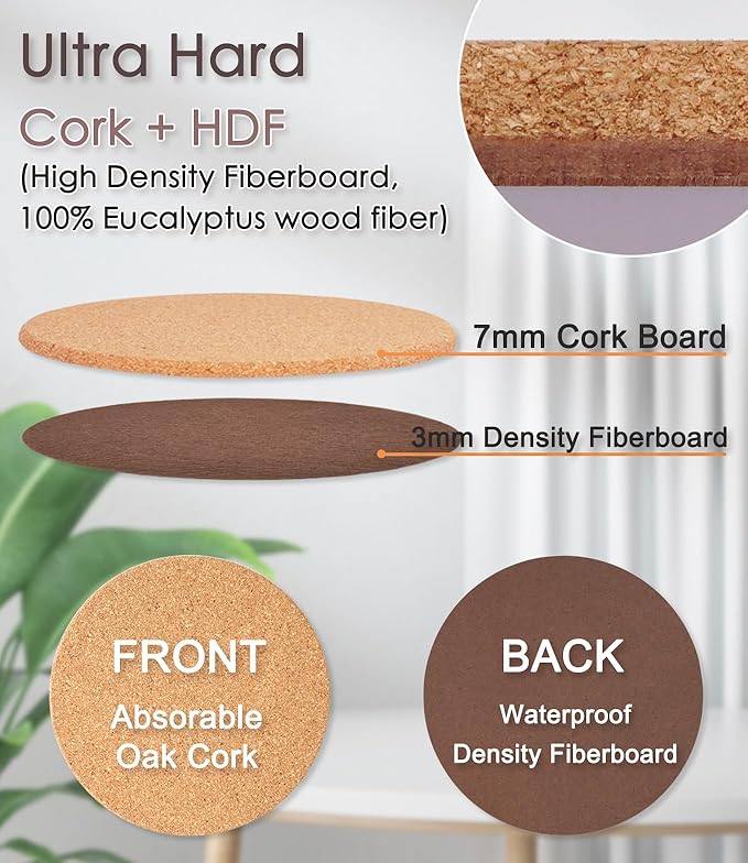 Cork Plant Coasters, Double Layers Hard Thick Cork Planter Coaster, 8 Inch Absorbent Cork Plant Mats, Cork Trivets for Hot Dishes, Cork Plant Coasters for House Plants, 4 Pcs