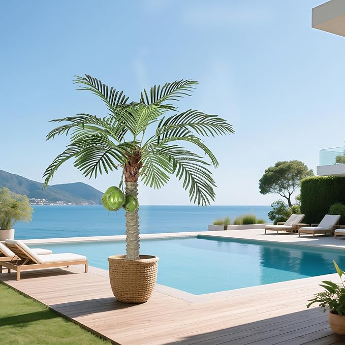 Artificial Phoenix Palm Tree with Coconut Fruit Outdoor Indoor Decor Large Faux Coconut Silk Palm Tree Tropical Fake Tree Large Faux Sago Palm Plant for Home Yard Outside (5 FT)