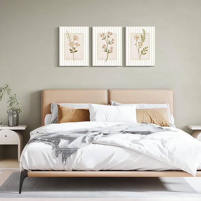 Framed Beige Wildflowers Canvas Wall Art Stripes Floral Poster Picture Simple Vintage Country Painting Nature Landscape Modern Home Print Living Room Gallery Office Ready to Hang 12x16 Inch x3