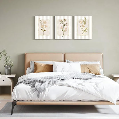 Framed Beige Wildflowers Canvas Wall Art Stripes Floral Poster Picture Simple Vintage Country Painting Nature Landscape Modern Home Print Living Room Gallery Office Ready to Hang 12x16 Inch x3