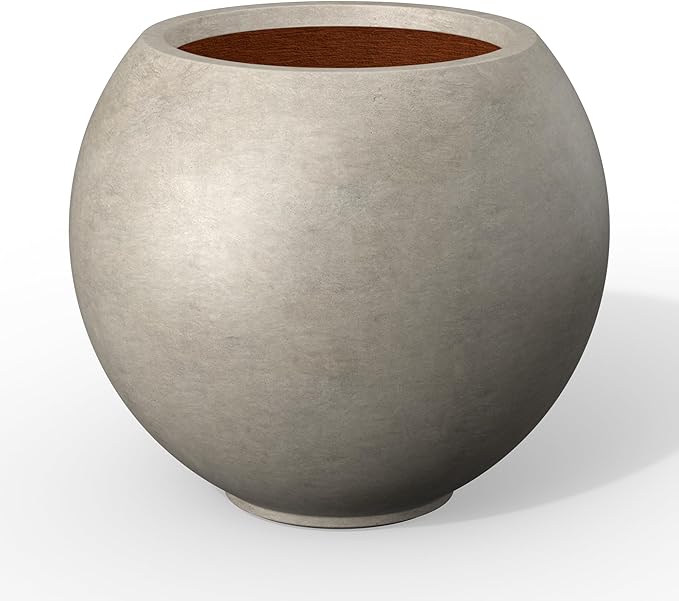 Kante Round Concrete Flower Pot, 19.3 Inch Dia (14" Opening) Sphere Shape Design Planter with Drainage Hole and Rubber Plug for Outdoor Plants, Weathered Concrete Finish with Painted Interior