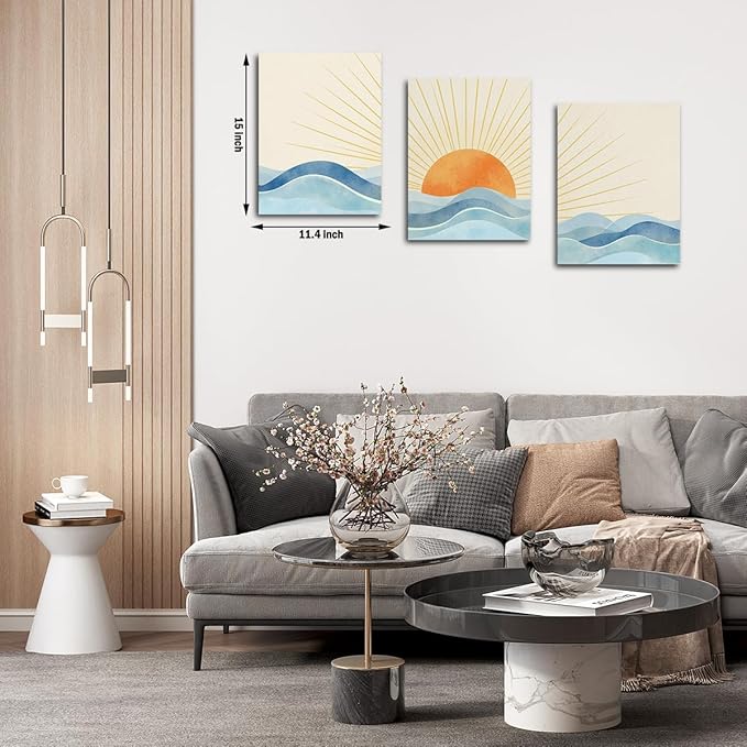 Boho Sun Ray Framed Canvas Wall Art Decor Set of 3, Neutral Geometric Sun Rising on the Sea Painting Artworks for Wall, Minimalist Art Picture for Home Living Room Bathroom Office, 11.4"x15"