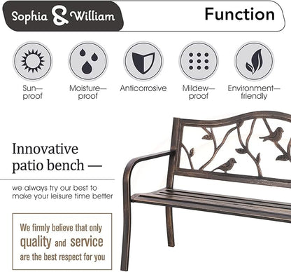 Sophia & William Outdoor Bench, Porch Bench, Garden Bench, Wrought Iron Bench with Backrest and Armrests, Bronze