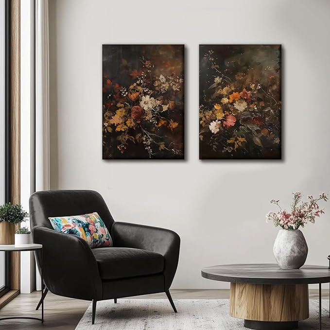 2pcs Vintage Dark Floral Canvas Wall Art Moody Autumn Floral Wall Decor Pictures Country Flowers Posters Prints Still Life Paintings for Farmhouse Living Room Bedroom Dining Room Decor 12x16 Inch