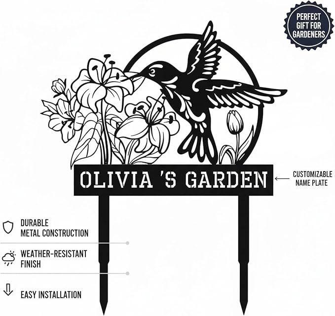 Personalized Metal Garden Stake - Custom Hummingbird & Flower Yard Art - 12"-24" Outdoor Name Sign for Patio, Flower Bed, Backyard Decor - Weatherproof Housewarming or Mother's Day Gift
