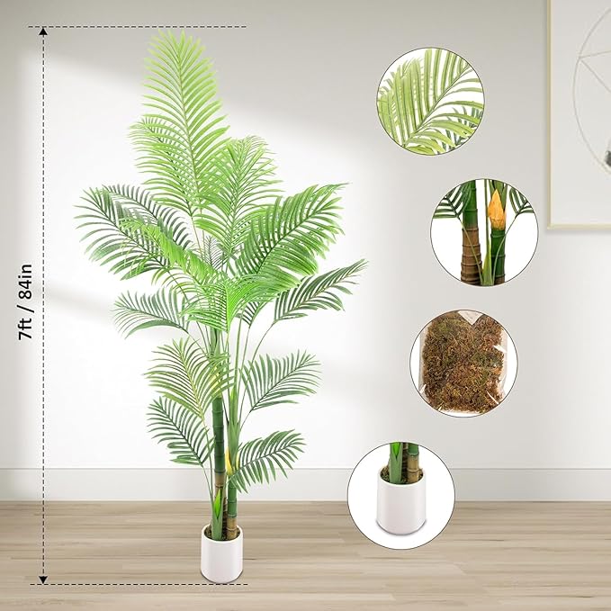 Artificial Fake Palm Tree 7FT 2Pack with White Planter & Free Moss, UV Resistant Artificial Palm Tree for Outdoors, Fake Plants for Poolside Home Room Decor, Faux Plants Outdoor Decor
