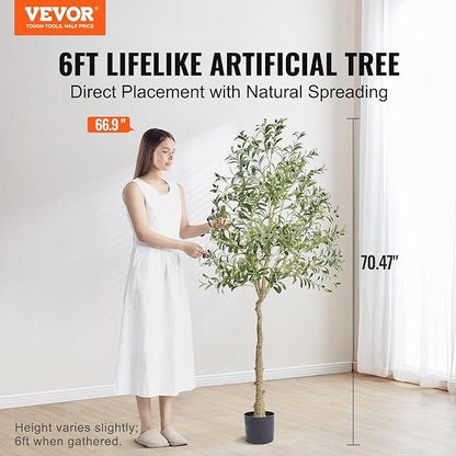 VEVOR Artificial Olive Tree, 6 FT Tall Faux Plant, Secure PE Material & Anti-Tip Tilt Protection Low-Maintenance Plant, Lifelike Green Fake Potted Tree for Home Office Warehouse Decor Indoor Outdoor