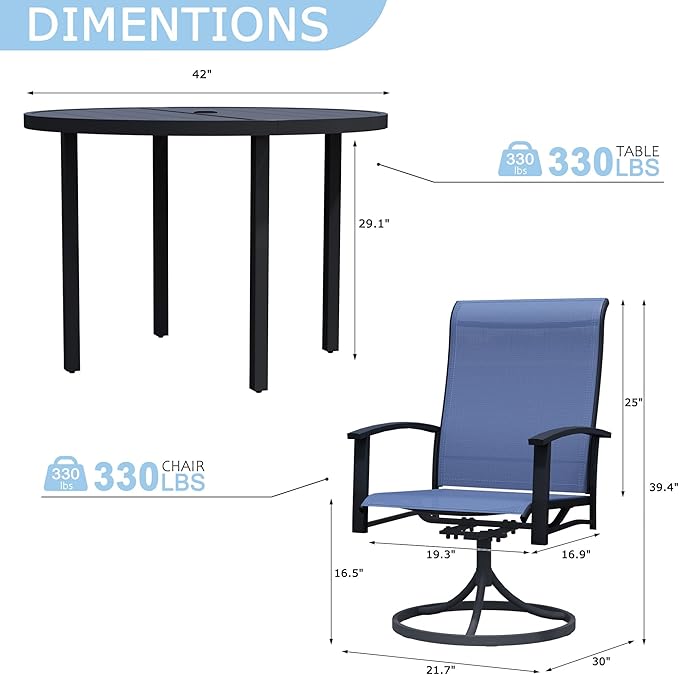 5 Piece Outdoor Dining Set, 42" Black Round Outdoor Dining Table with 4 Blue Swivel Patio Table and Chair Set of 4 for Lawn, Garden, or Porch