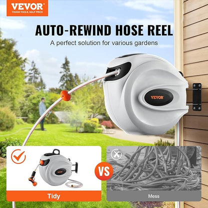VEVOR Retractable Hose Reel, 115 ft x 1/2 inch, Garden Water Hose Reel with 9-Pattern Nozzle, 180° Swivel Bracket Wall-Mounted, Automatic Rewind, Lock at Any Length, with Slow Return System