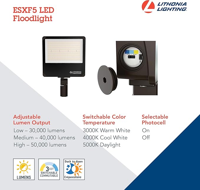 Lithonia Lighting All-in-One LED Flood Light, Waterproof LED Outdoor Light Fixture with Adjustable Brightness and Color Temperature, Yoke or Slipfitter Mount Dusk to Dawn Outdoor Lighting, UVOLT