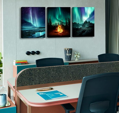BLINFEIRU Northern Lights Canvas Wall Art Set of 3, Aurora Borealis Pictures for Living Room Decor, Modern Farmhouse Bedroom Paintings Prints, Home Office Artwork, Framed Ready to Hang