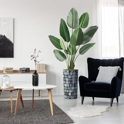 Artificial Tree in Contemporary Blue Stripe Patterned Planter, Fake Bird of Paradise Silk Tree for Indoor and Outdoor Home Decoration - 67" Overall Tall (Plant Pot Plus Tree)