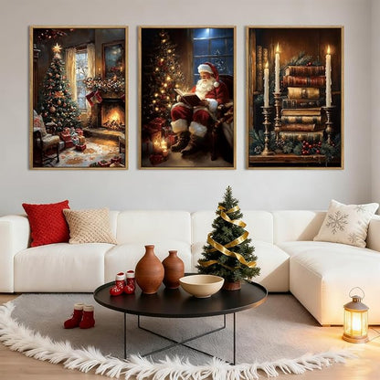 Christmas Wall Art 16x24 Inches Vintage Santa Claus Paintings Framed Christmas Winter Holiday Artwork Set of 3 for Living Room Bedroom