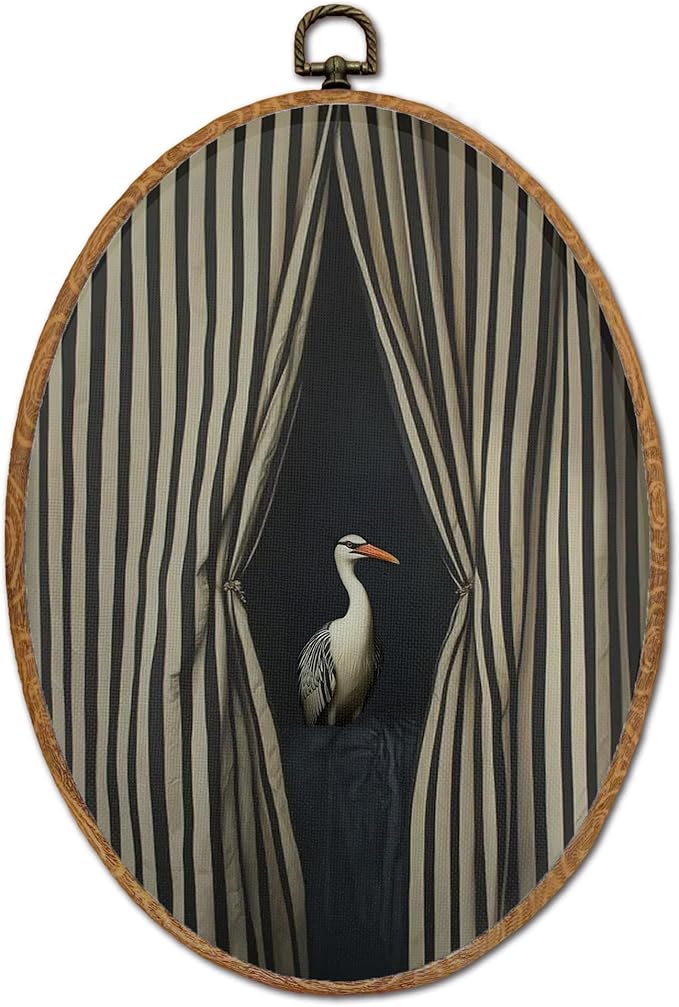 DEQSX Vintage Crane Oval Wall Art, Striped Curtain Moody Modern Abstract Surreal Bird Wall Decor Canvas Prints Posters for Home Bedroom Living Room, 8.6x11.4 Inches