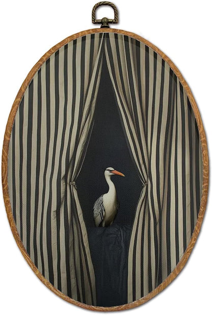 DEQSX Vintage Crane Oval Wall Art, Striped Curtain Moody Modern Abstract Surreal Bird Wall Decor Canvas Prints Posters for Home Bedroom Living Room, 8.6x11.4 Inches