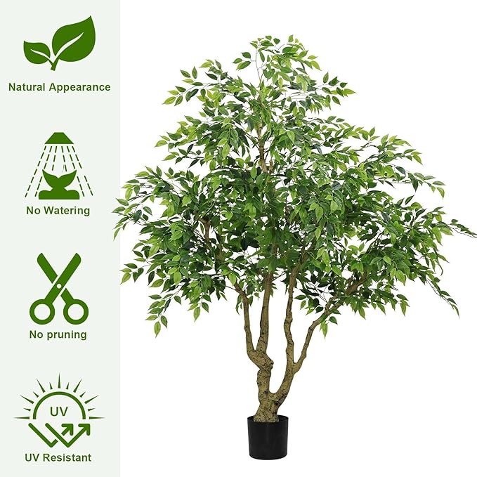 7FT Artificial Ficus Tree with Natural Trunk, 82.7" Tall Fake Banyan Plant with Realistic Green Leaves, No Watering UV Resistant Indoor Outdoor Tree for Home Patio Decor