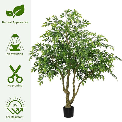 7FT Artificial Ficus Tree with Natural Trunk, 82.7" Tall Fake Banyan Plant with Realistic Green Leaves, No Watering UV Resistant Indoor Outdoor Tree for Home Patio Decor