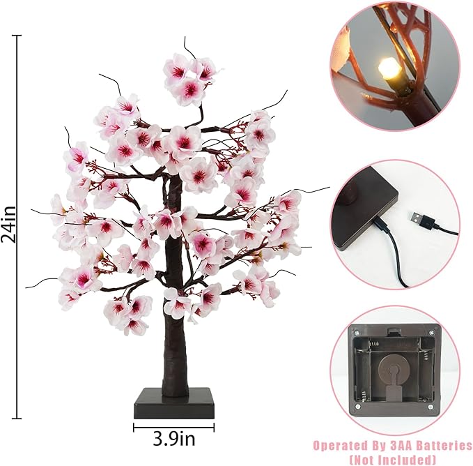 Uieke 2PACK 24IN Lighted Cherry Blossom Tree 48 Warm White LED Tabletop Artifical Bonsai Tree with Timer Battery/USB Operated for Wedding Party Spring Home Indoor Japanese Room Decor