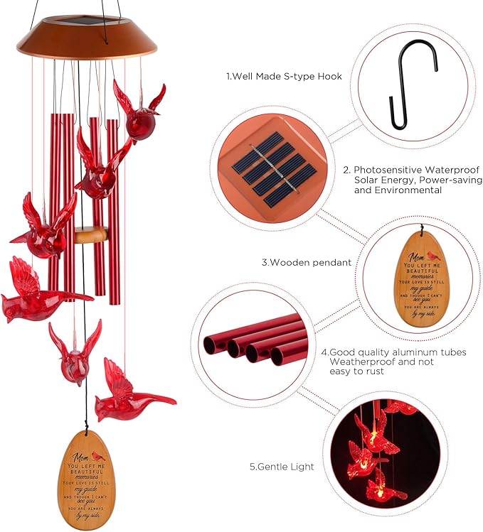 Cardinal Red Bird Solar Wind Chimes - Outdoor Garden Gifts for Mom from Daughter or Son - Mom's Room Decor for Mother's Day, Thanksgiving, Christmas, Birthday