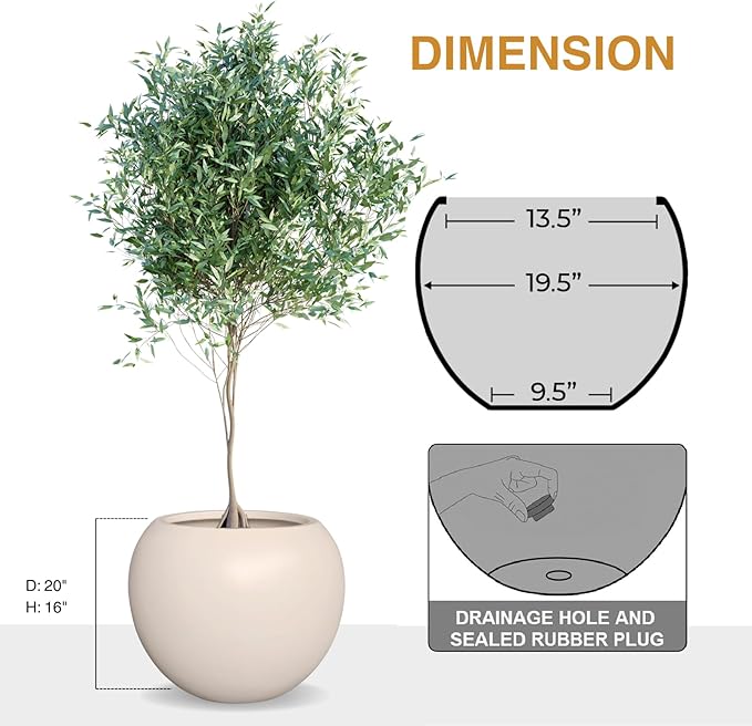 16”H x 20”D Globo Fiberstone Round Planter with Drainage Hole, Smooth Finishes, Weather Resistant for Indoor and Outdoor Use, Included 2 Extra Coco Mats (Kilim Beige, 13.5” Pot Opening)
