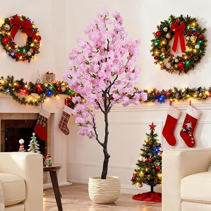 Artificial Pink Cherry Blossom Tree 7 FT Faux Flowering Trees Fake Cherry Blossom Decorative Tree Indoor for Christmas New Year Home Decor