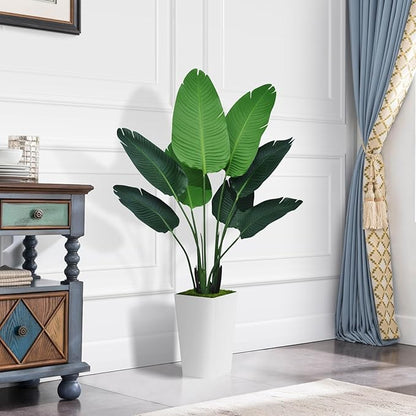 Bird of Paradise Artificial Plant 5FT - Faux Tropical Palm Tree with White Tall Planter - Fake Floor Plant Potted - Artificial Silk Tree for Home Office Living Room Decor Indoor