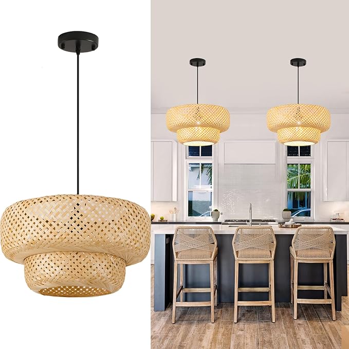 17.8 inch Farmhouse Bamboo Pendant Lighting Handmade Woven Chandelier Beige Bohemian Hanging Light Fixture for Kitchen Island Dining Room Living Room Coffee Restaurant