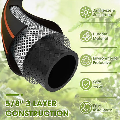 Heavy Duty Garden Hose – 5/8 Inch Flexible, Lightweight Hybrid Hose with 600 PSI Burst Pressure, Swivel Handle, and Durable Copper Male/Female Fittings (Black with hose sprayer, 100FT)