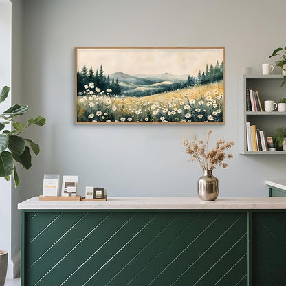 Large Misty Mountain Framed Canvas Wall Art,Nature Daisy Flower Wall Decor,Modern Foggy Forest Art Painting,Abstract Woodland Landscape Artwork for Living Room,Bedroom,Dining Room-20"x40"x1