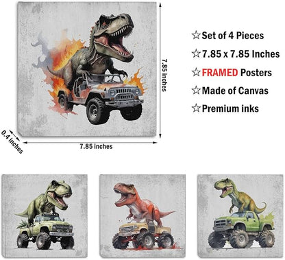4 Pcs Dinosaur Canvas Wall Art Framed Dinosaurs Art Posters Retro Pictures Wall Decor Dinosaur Room Decor for Boys Canvas Decoration Artwork for Walls Home Living Room Bedroom Office