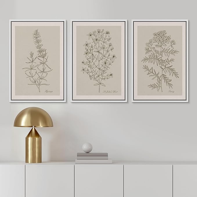 Ashbrook Framed Canvas Print Wall Art Set Duotone Vintage Flowers Nature Wilderness Illustrations Modern Art Decorative Floral Botanical Minimal Calm/Relax/Cozy for Bedroom - 16"x24"x3 WHITE