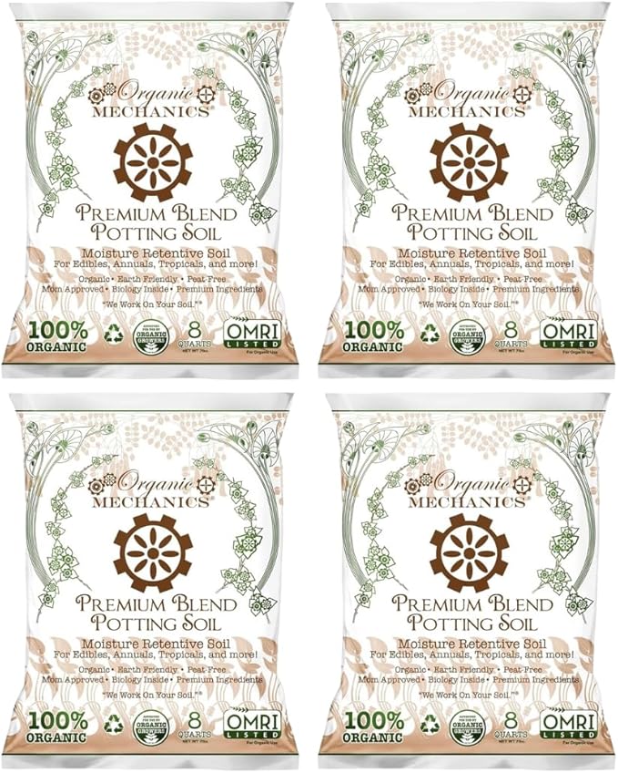 Organic Mechanics Premium Blend Potting Soil, 8 qt (Pack of 4) - Moisture-Retentive, Peat-Free, Compost - Enriched Mix with Worm Castings & Perlite for Houseplants, Annuals, Veggies & Tropical Plants
