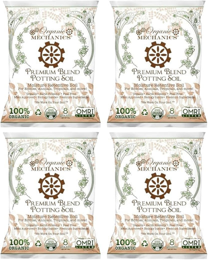 Organic Mechanics Premium Blend Potting Soil, 8 qt (Pack of 4) - Moisture-Retentive, Peat-Free, Compost - Enriched Mix with Worm Castings & Perlite for Houseplants, Annuals, Veggies & Tropical Plants