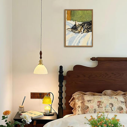 Cute Cat Wall Art, Funny Tabby Cat Sleeping in Bed Wall Decor Painting, Funky Tabby Cats Pet Pictures Vintage Animal Poster Canvas Prints, for Living Room Bedroom 12x16 inch Wood Framed