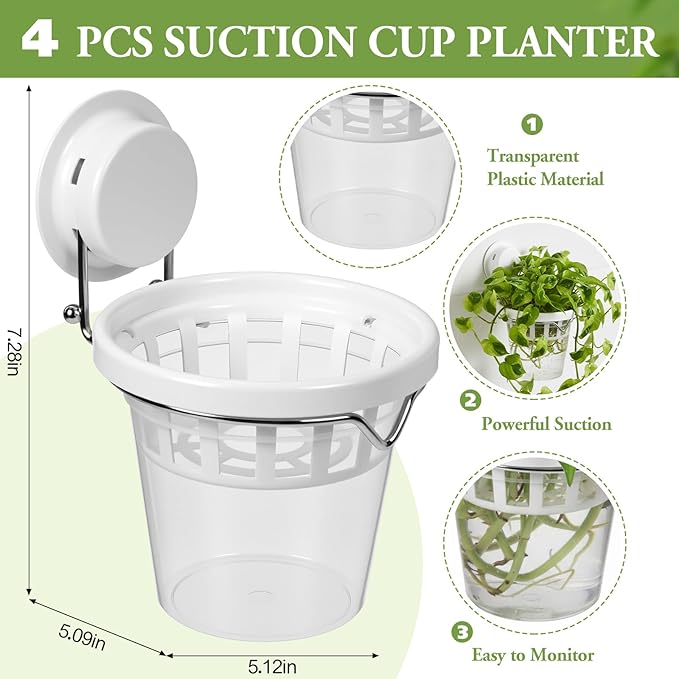 4 Set Window Propagation Stations Plastic Wall Hanging Planter with Suction Cups Clear Self Watering Window Mounted Plant Pots for Indoor Plants Bathroom Living Room Office Decor Gift