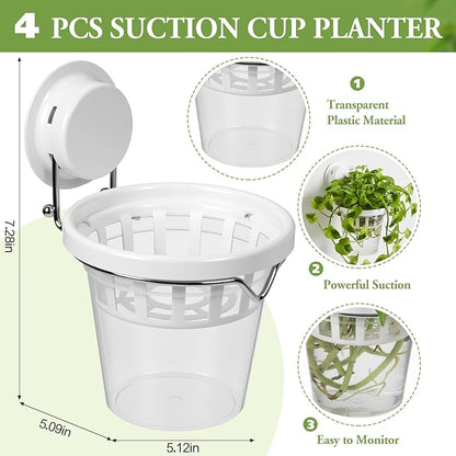 4 Set Window Propagation Stations Plastic Wall Hanging Planter with Suction Cups Clear Self Watering Window Mounted Plant Pots for Indoor Plants Bathroom Living Room Office Decor Gift