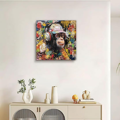 Modern Pop Art Monkey Canvas Wall Art, Street Graffiti Gorilla Canvas Painting, Abstract Banksy Listening To Music Monkey Posters Wall Art Living Kids Room Home Decoration, Ready to Hang 20 x20 IN