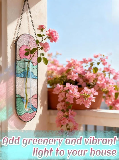 Stained Glass Plant Propagation Stations - Handmade Sunshine Catcher Hydroponic Planter Window Hanging with Glass Tubes, Christmas Terrarium Decor Gifts for Women Mom Plant Lovers, Pink