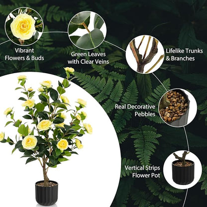 Goplus 38’’ Artificial Camellia Tree, 2 Pack Flower Plants Artificial Tree, Faux Floral Plant Blooming Tree in Cement Pot, Greenery Potted Plant for Indoor Outdoor Office Home Porch Decor