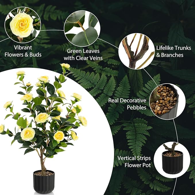 Goplus 38’’ Artificial Camellia Tree, Flower Plants Artificial Tree, Faux Floral Plant Blooming Tree in Cement Pot, Greenery Potted Plant for Indoor Outdoor Office Home Porch Decor