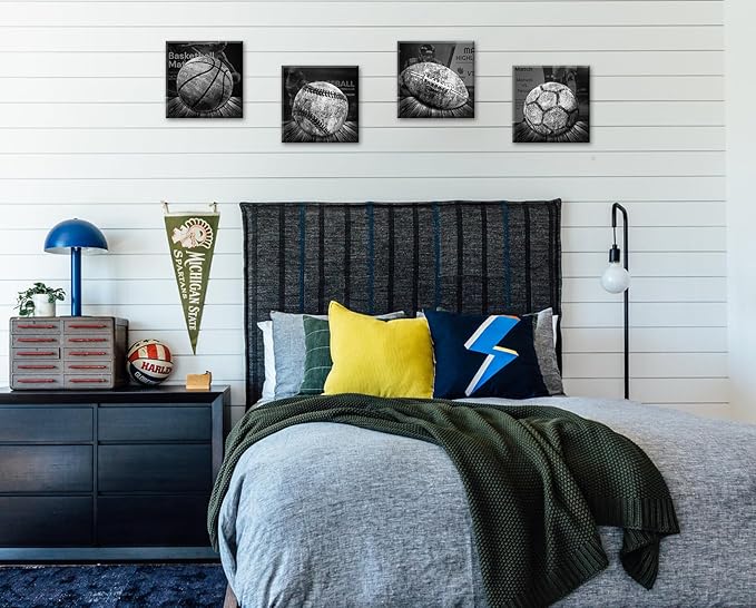 BLINFEIRU Sports Wall Decor for Boys, Black and White Sports Wall Art, Vintage Soccer Football Baseball Basketball Pictures Artwork, Modern Canvas Prints Home Men Bedroom Decoration 12"x12"x4