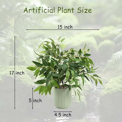 16" Artificial Willow Leaf Plant in Ribbed Ceramic Pot Lifelike Faux Potted Greenery for Indoor Home Office Table Shelf Living Room Bedroom Bathroom Decor