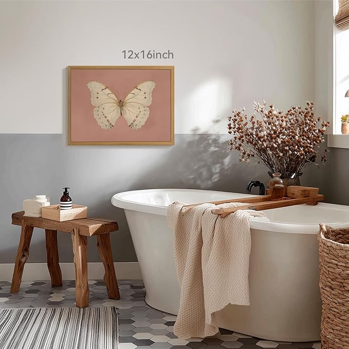 CAZLOUC Vintage Butterfly Canvas Wall Art, Pink Bathroom Wall Decor, Classic White Butterfly Aesthetic Picture, Retro Nature Insect Poster Print for Bedroom Living Room Wood Framed 16x24 Inch