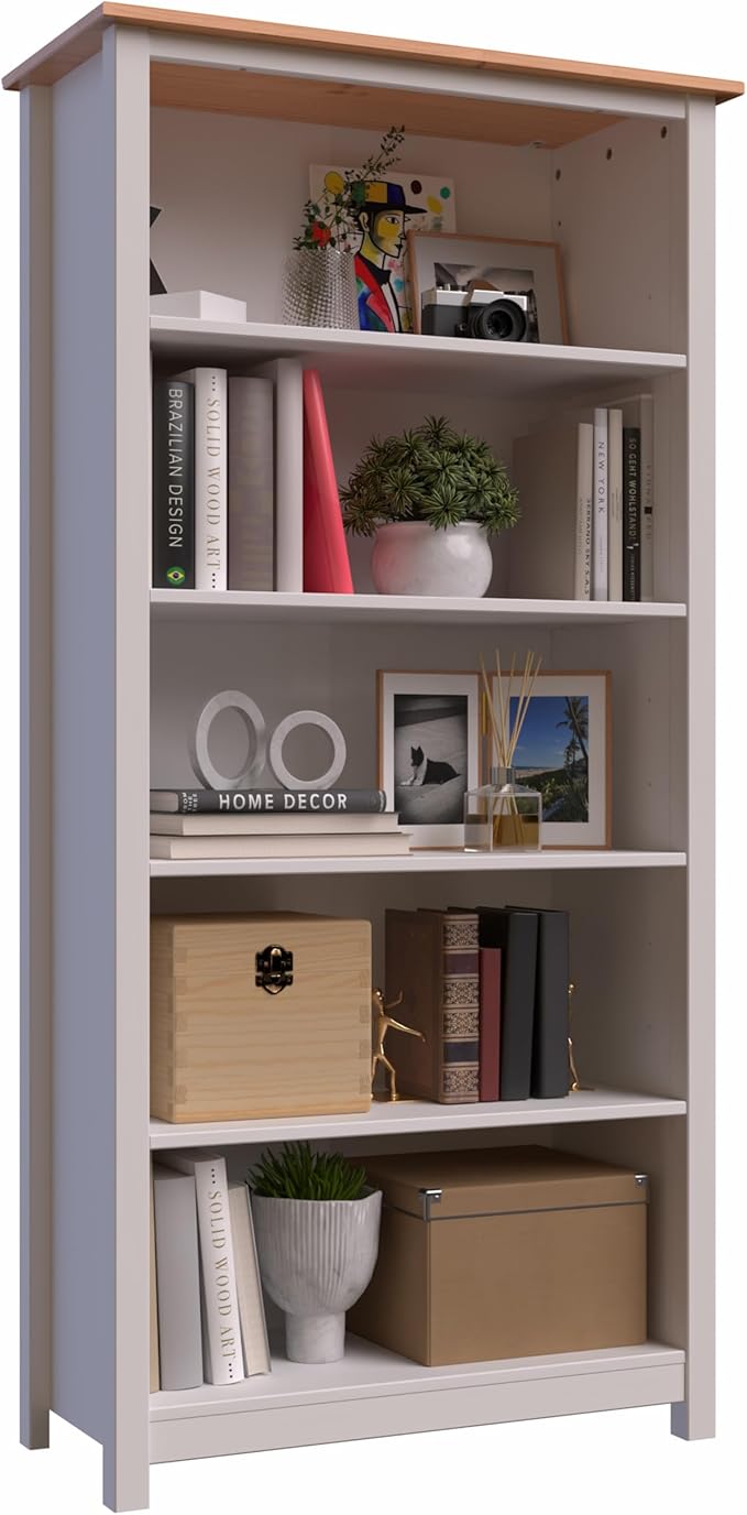 From the Tree Furniture Solid Pine Wood Bookcase – Tall Bookshelf with 4 Adjustable Shelves for Home, Office & Kids Room