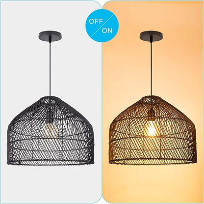 Arturesthome Black Rattan Pendant Lights Lampshade, Wicker Boho Chandelier for Kitchen Island Dining Room Entryway Foyer W 16.5"* H13
