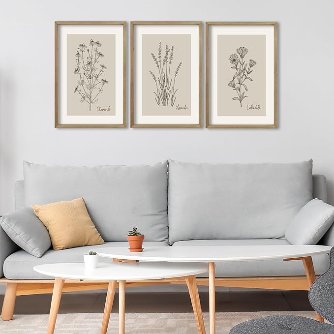 TQianJiang Vintage Botanical Wall Art 16"x11" Set Of 3 Wood Framed Wildflower Pictures Wall Decor for Bedroom Minimalist Wall Hanging (Wood)
