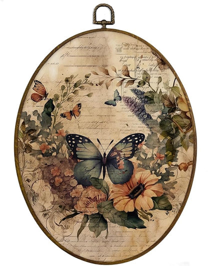 MAQIKA Vintage Butterfly Flower Oval Framed Wall Art Decor, Butterfly Bathroom Decor, Botanical Floral Oval Wall Hanging Decor, Butterflies Canvas Prints Wall Art for Bedroom Home, 8.7x11.3 Inch