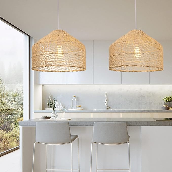 Arturesthome 1 Light Pendant Light Lampshade,Wicker Rattan Hanging Light Fixture Chandelier for Kitchen Island Dining Room Entryway Hallway W 16.5"*H 13"